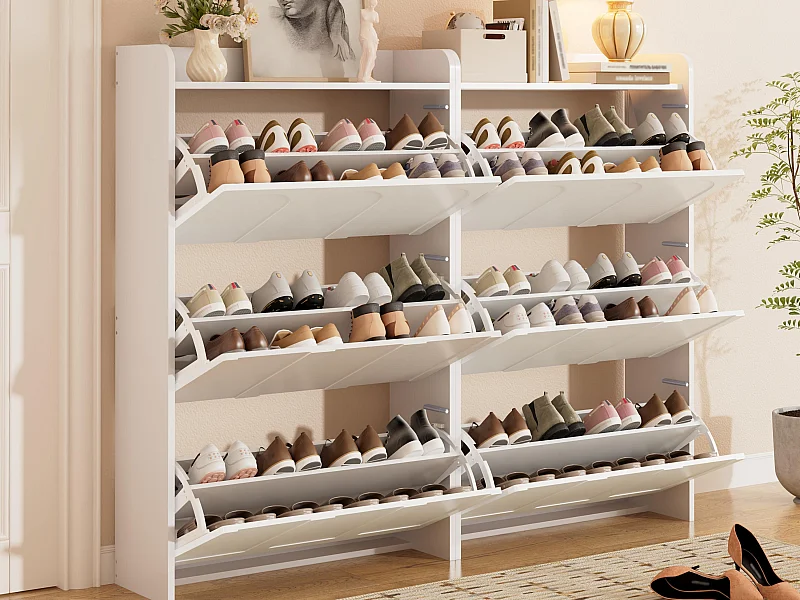 Schuhschrank 2-teilig - 140x25x120 cm - mit 12 Fächern - 6 Klapptüren - MDF - Weiß