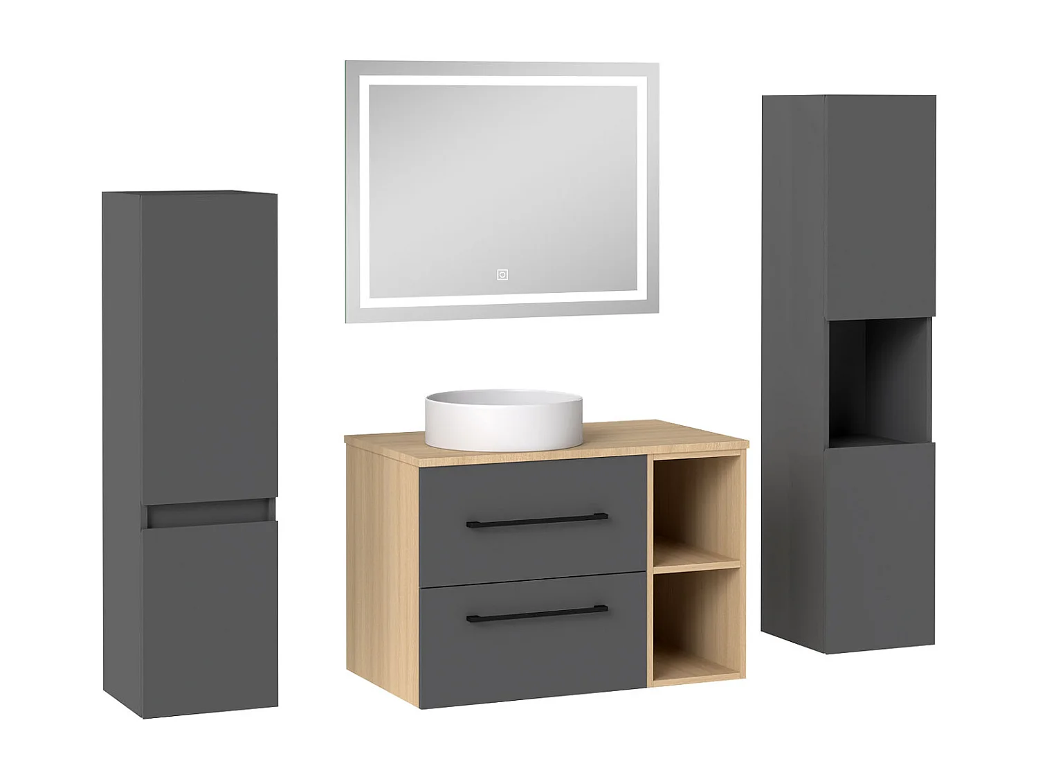 AICA Ensemble meuble de Salle de Bain Suspendu 80cm avec vasque à poser + 2*Colonne + Miroir LED Dimmable, Anthracite + Chêne