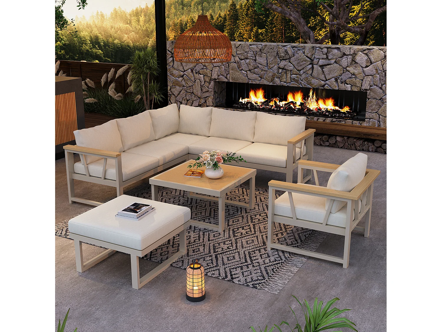 Tuinsalon, meubelset voor 7 personen, van gegalvaniseerd ijzer, kunsthout, hoekbank, 1 fauteuil, 1 voetenbankje en salontafel, Beige