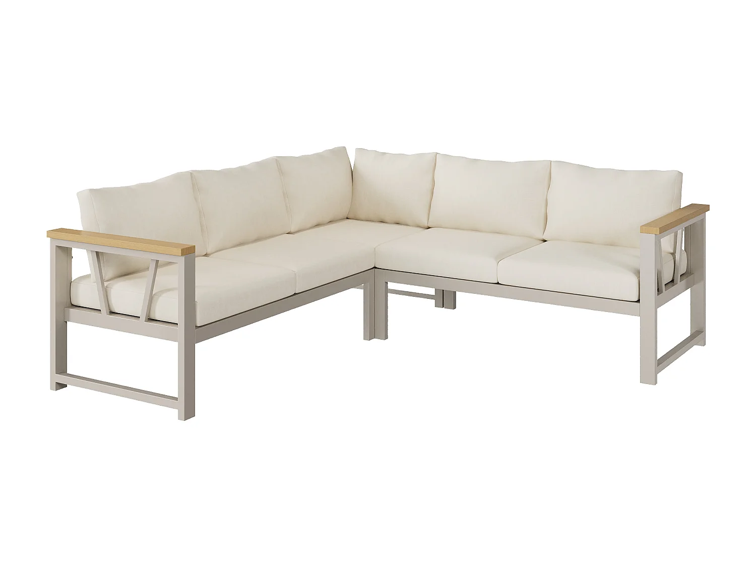 Tuinsalon, meubelset voor 7 personen, van gegalvaniseerd ijzer, kunsthout, hoekbank, 1 fauteuil, 1 voetenbankje en salontafel, Beige