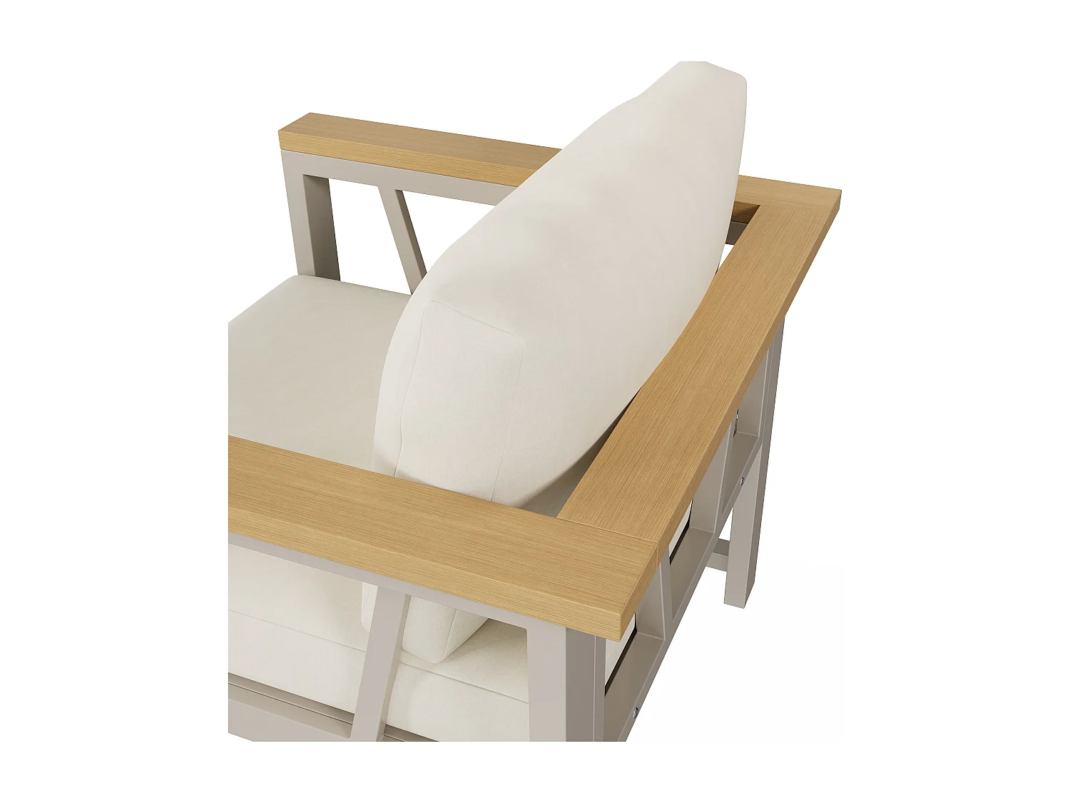 Tuinsalon, meubelset voor 7 personen, van gegalvaniseerd ijzer, kunsthout, hoekbank, 1 fauteuil, 1 voetenbankje en salontafel, Beige