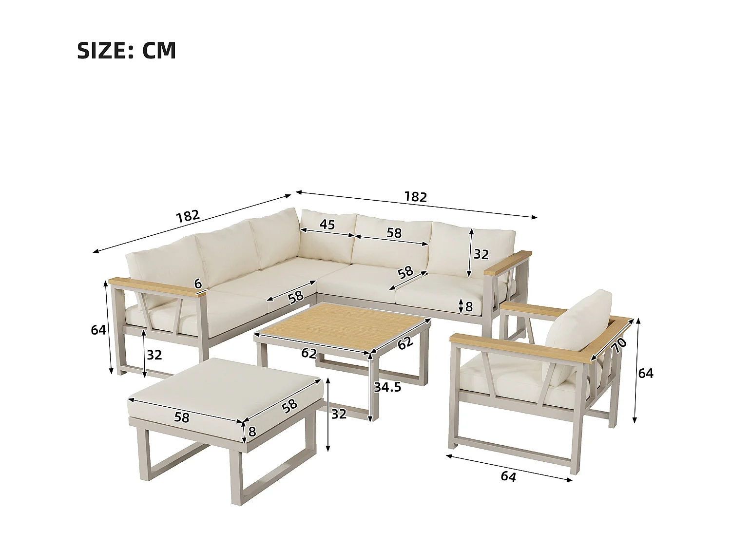 Tuinsalon, meubelset voor 7 personen, van gegalvaniseerd ijzer, kunsthout, hoekbank, 1 fauteuil, 1 voetenbankje en salontafel, Beige