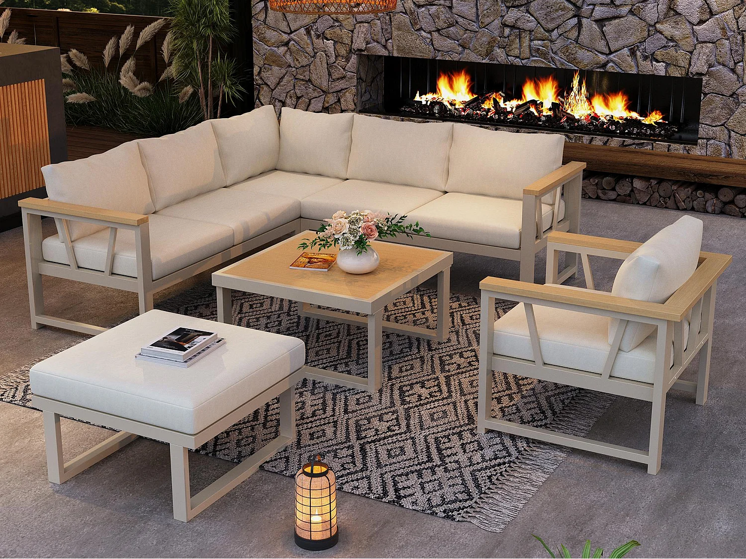 Salon de jardin, ensemble de meubles pour 7 places, en fer galvanisé, bois-plastique, canapé d'angle, 1 fauteuil, 1 repose-pieds et table basse, Beige