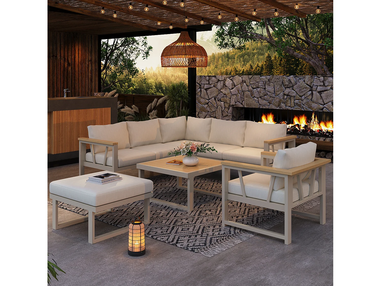 Salon de jardin, ensemble de meubles pour 7 places, en fer galvanisé, bois-plastique, canapé d'angle, 1 fauteuil, 1 repose-pieds et table basse, Beige