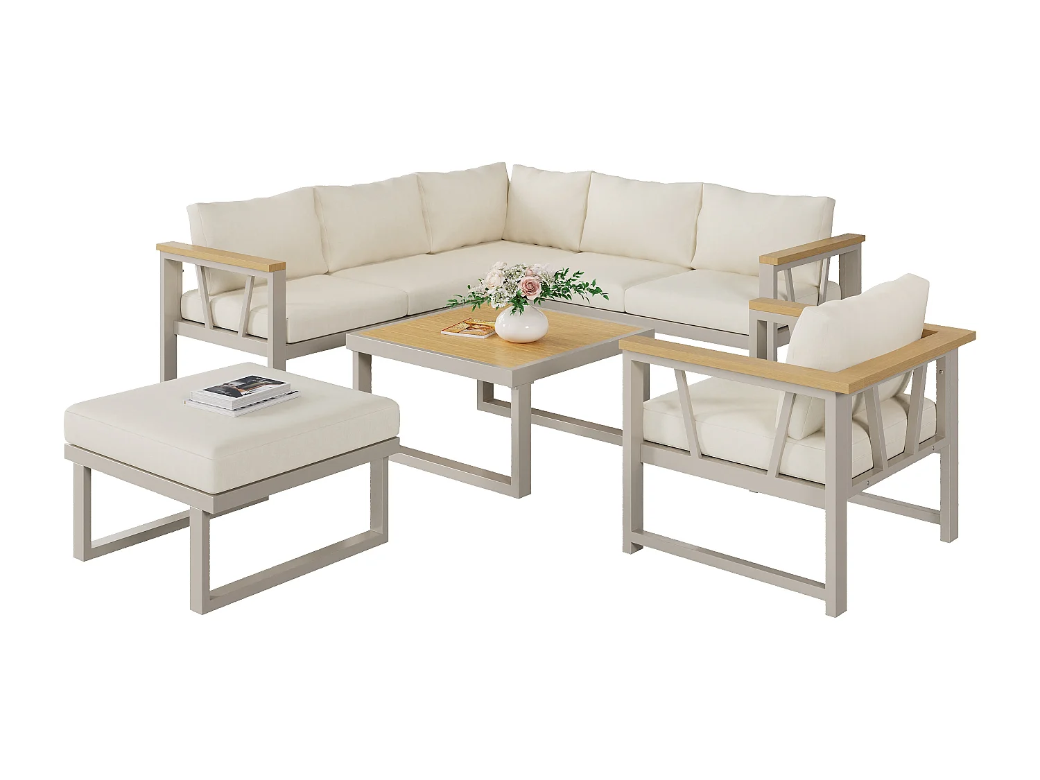 Salon de jardin, ensemble de meubles pour 7 places, en fer galvanisé, bois-plastique, canapé d'angle, 1 fauteuil, 1 repose-pieds et table basse, Beige