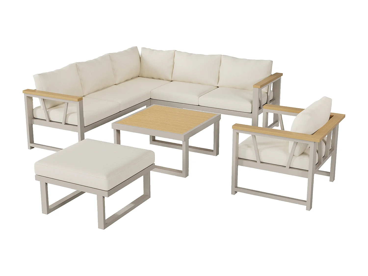 Salon de jardin, ensemble de meubles pour 7 places, en fer galvanisé, bois-plastique, canapé d'angle, 1 fauteuil, 1 repose-pieds et table basse, Beige