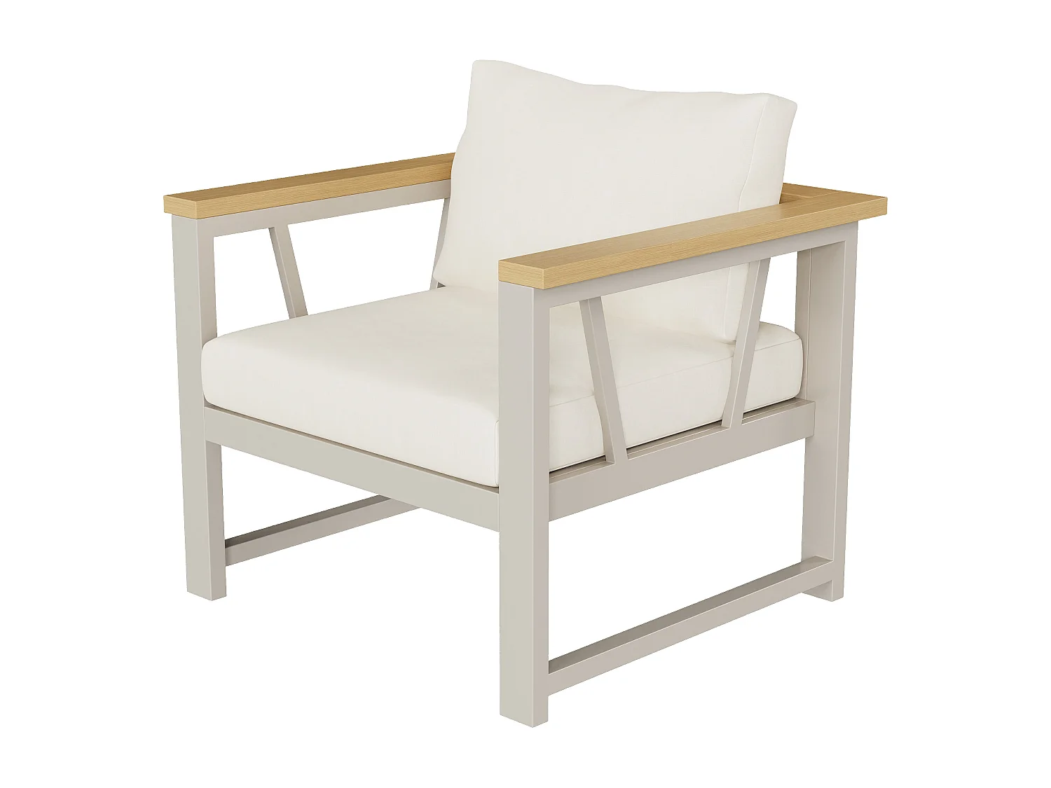 Salon de jardin, ensemble de meubles pour 7 places, en fer galvanisé, bois-plastique, canapé d'angle, 1 fauteuil, 1 repose-pieds et table basse, Beige