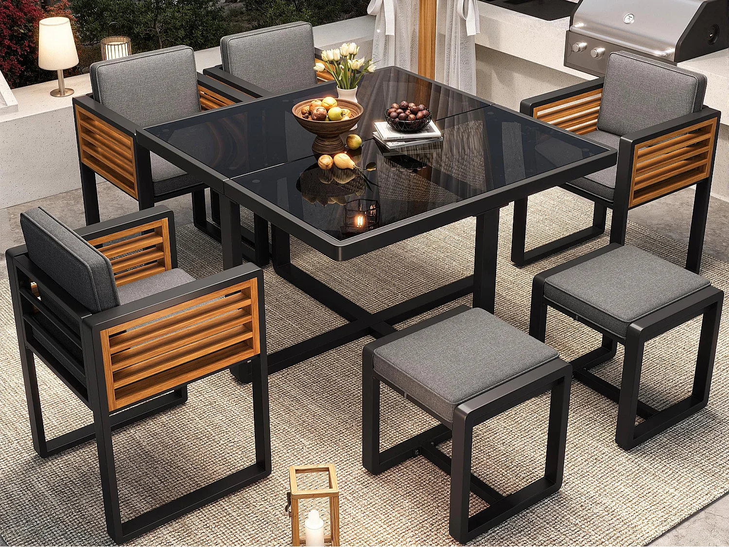 Ensemble de salle à manger de jardin pour 4-6 places, 1 tables à manger avec plateau en verre, en fer galvanisé, 4 fauteuils, 2 tabourets, gris