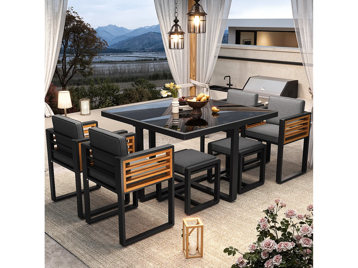 Ensemble de salle à manger de jardin pour 4-6 places, 1 tables à manger avec plateau en verre, en fer galvanisé, 4 fauteuils, 2 tabourets, gris