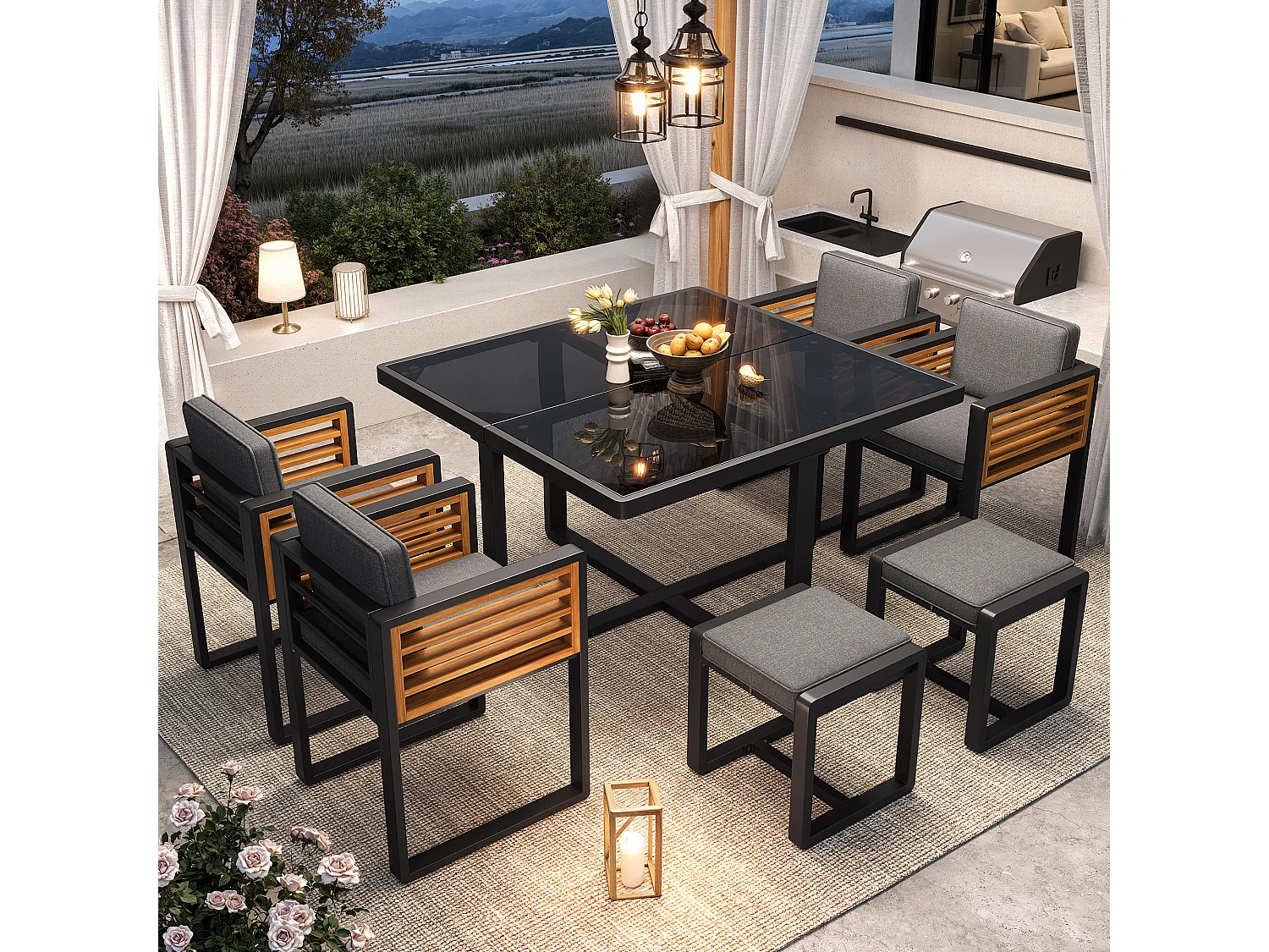 Ensemble de salle à manger de jardin pour 4-6 places, 1 tables à manger avec plateau en verre, en fer galvanisé, 4 fauteuils, 2 tabourets, gris