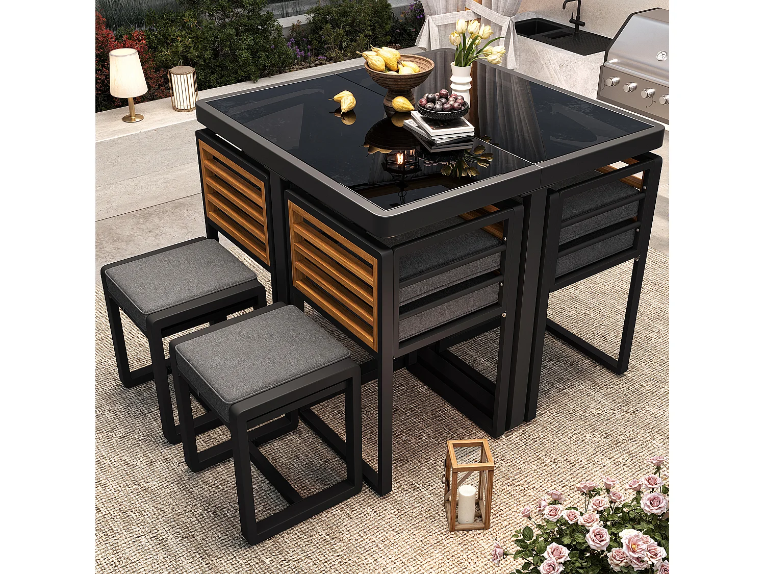 Ensemble de salle à manger de jardin pour 4-6 places, 1 tables à manger avec plateau en verre, en fer galvanisé, 4 fauteuils, 2 tabourets, gris