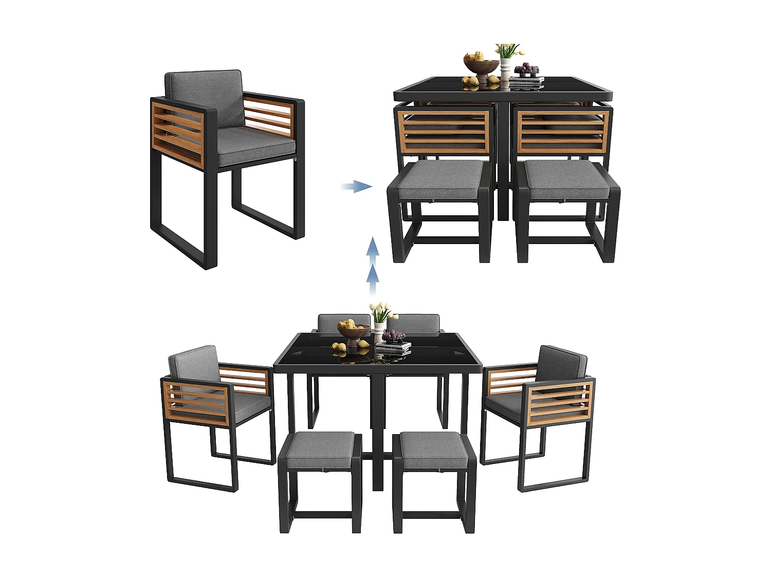 Ensemble de salle à manger de jardin pour 4-6 places, 1 tables à manger avec plateau en verre, en fer galvanisé, 4 fauteuils, 2 tabourets, gris