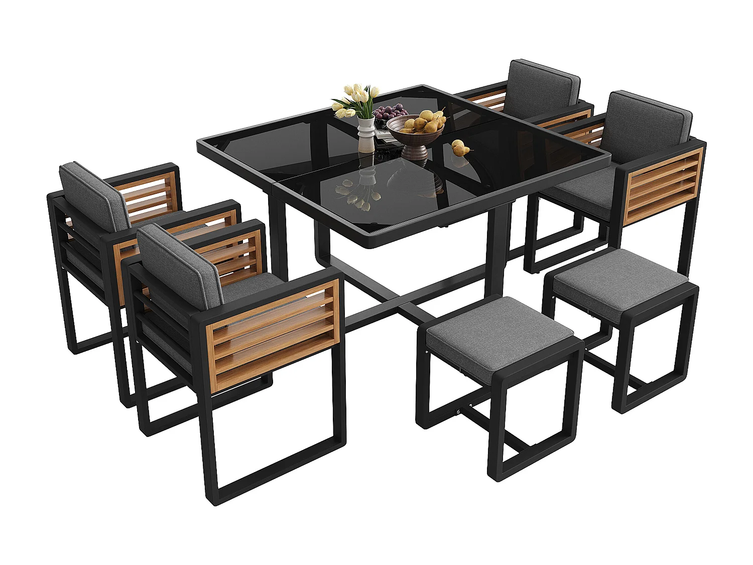 Ensemble de salle à manger de jardin pour 4-6 places, 1 tables à manger avec plateau en verre, en fer galvanisé, 4 fauteuils, 2 tabourets, gris