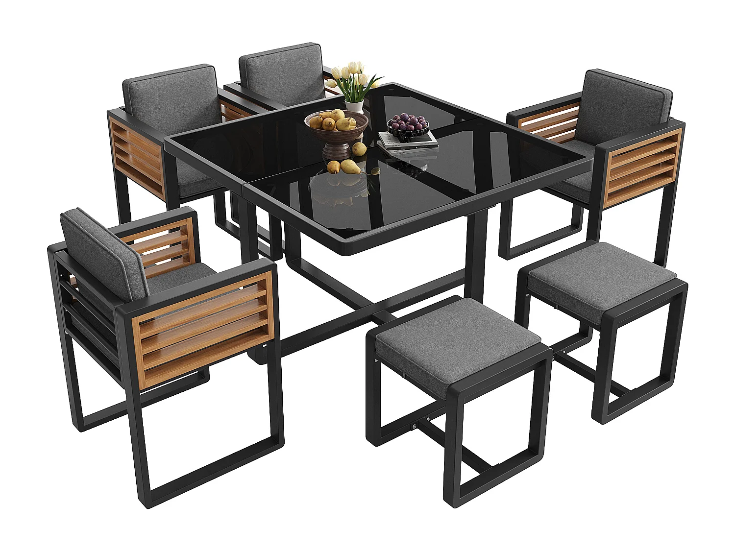 Ensemble de salle à manger de jardin pour 4-6 places, 1 tables à manger avec plateau en verre, en fer galvanisé, 4 fauteuils, 2 tabourets, gris
