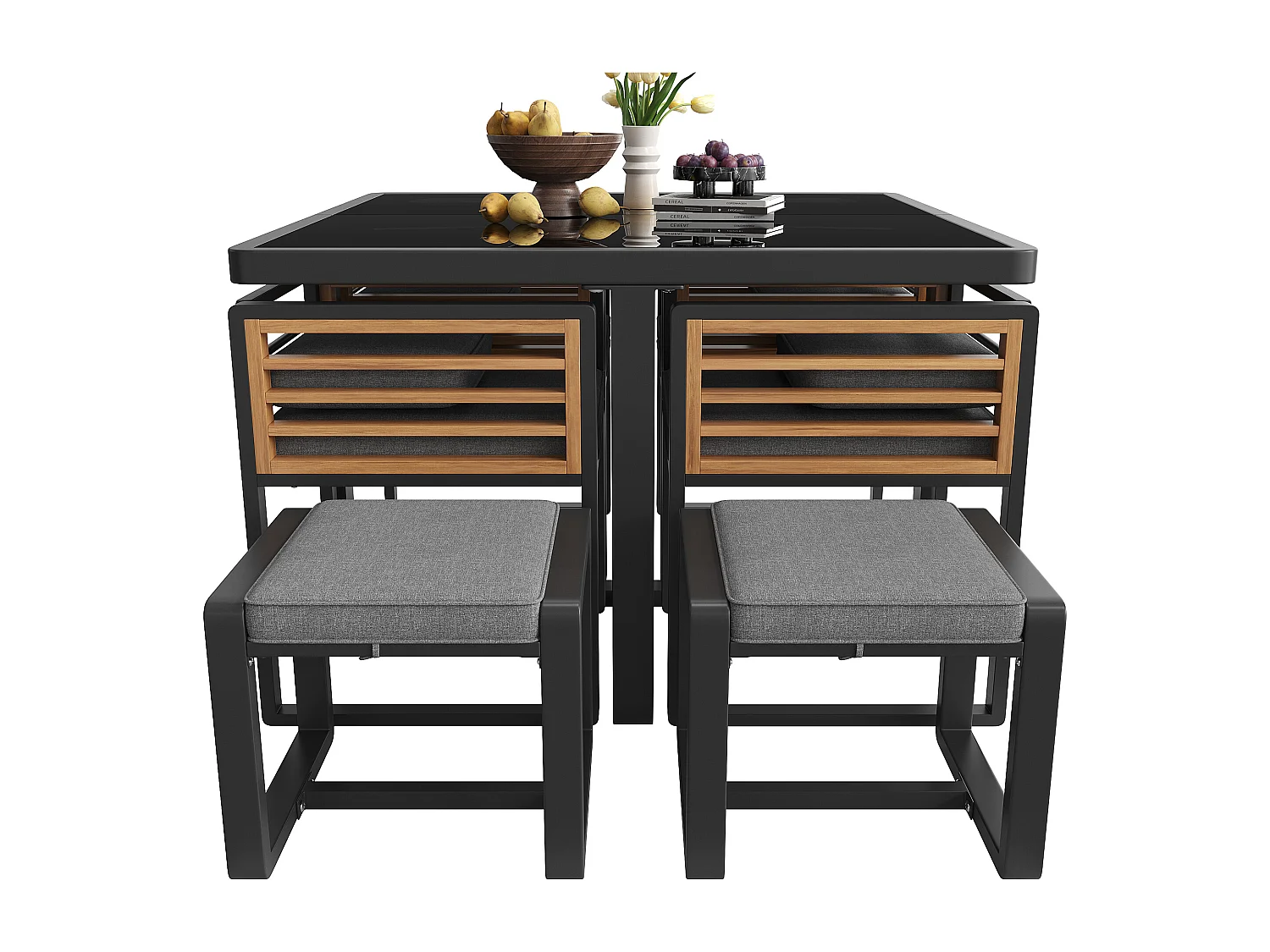 Ensemble de salle à manger de jardin pour 4-6 places, 1 tables à manger avec plateau en verre, en fer galvanisé, 4 fauteuils, 2 tabourets, gris