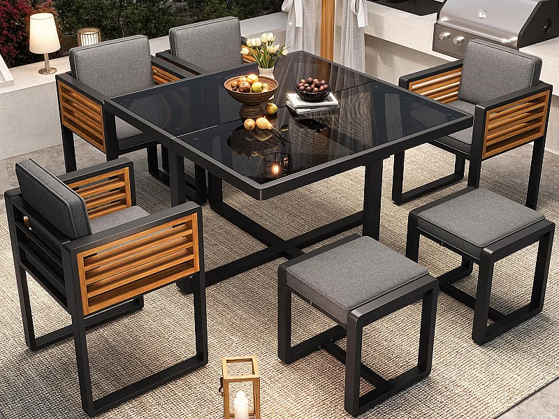 Ensemble de salle à manger de jardin pour 4-6 places, 1 tables à manger avec plateau en verre, en fer galvanisé, 4 fauteuils, 2 tabourets, gris