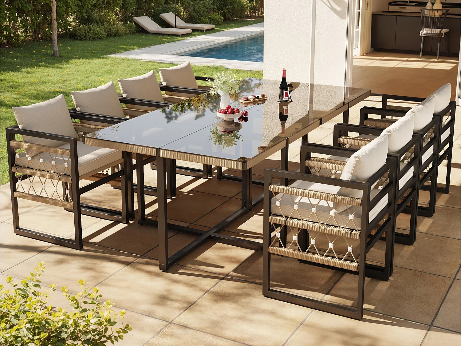 Set da pranzo da giardino per 8 posti, cordame, 2 tavoli da pranzo con venatura di sicurezza, in ferro zincato, 8 poltrone, grigio