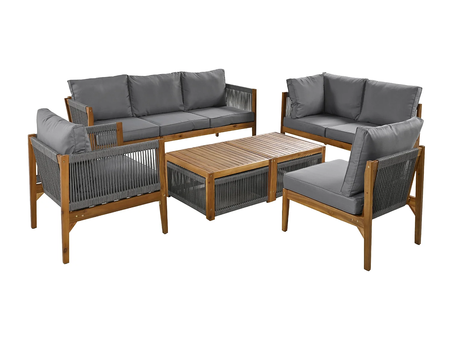 Modulares Garten-Salon aus Akazienholz - geeignet für 7 Personen - 2 Sofas, 2 Sessel und 2 Beistelltische - Grau