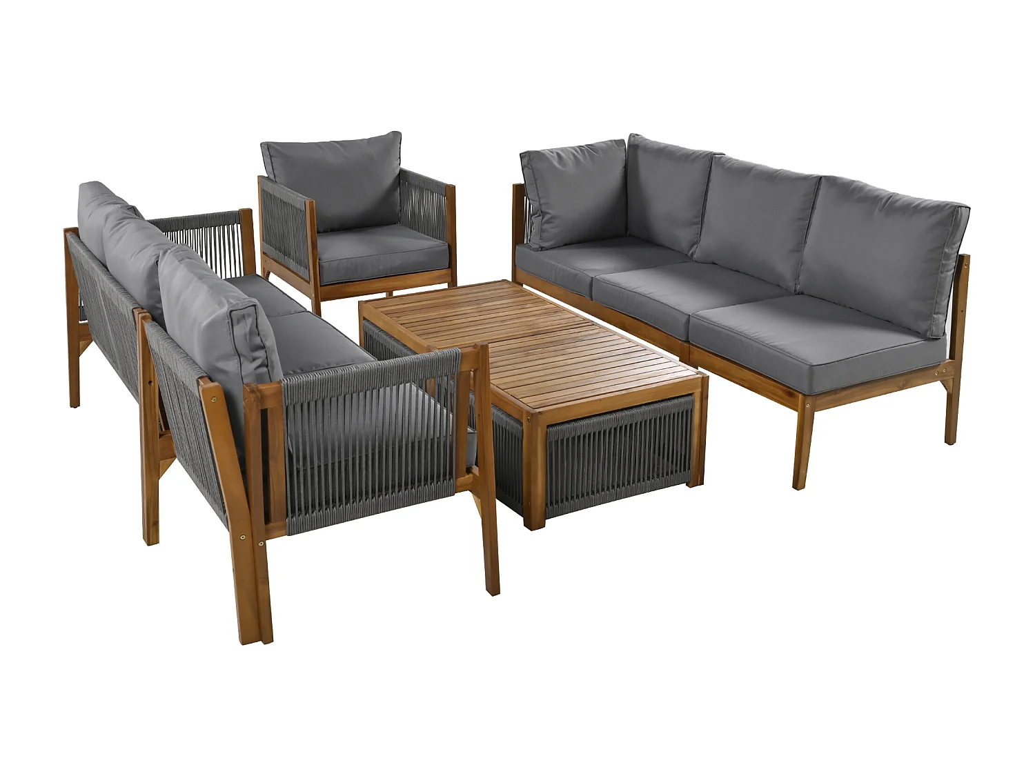 Modulares Garten-Salon aus Akazienholz - geeignet für 7 Personen - 2 Sofas, 2 Sessel und 2 Beistelltische - Grau