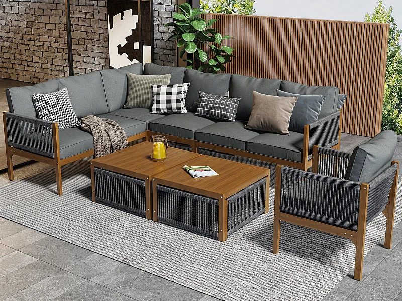 Modulares Garten-Salon aus Akazienholz - geeignet für 7 Personen - 2 Sofas, 2 Sessel und 2 Beistelltische - Grau