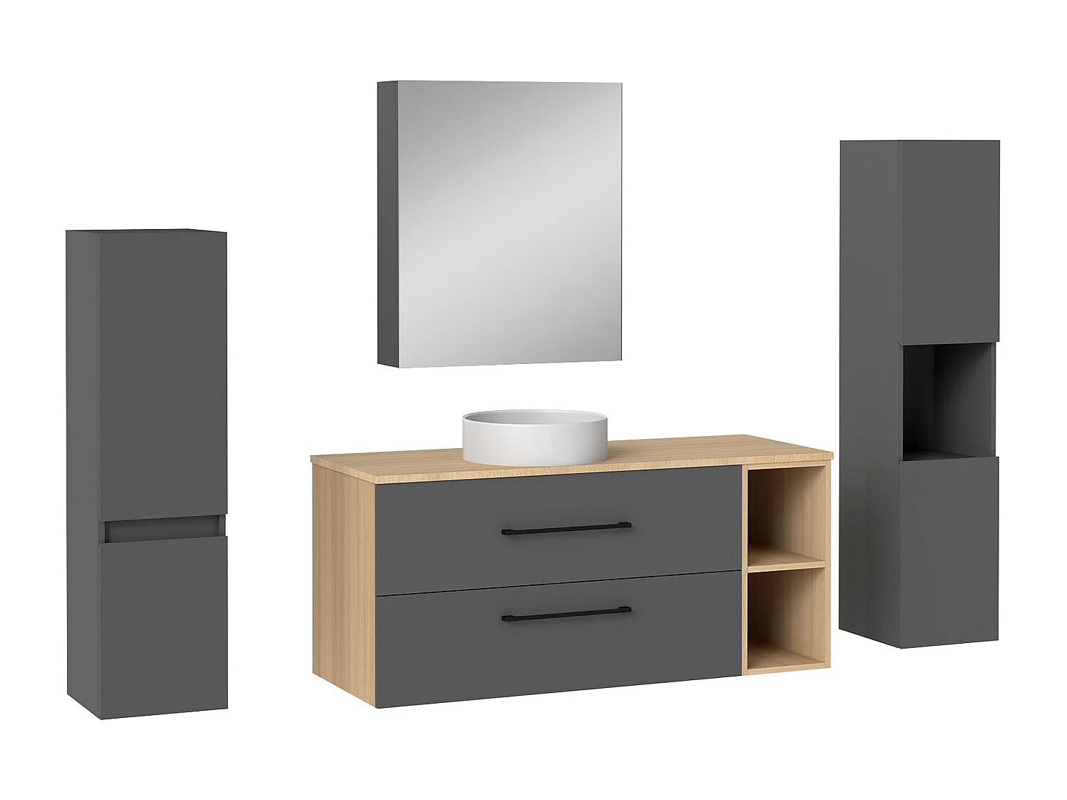 AICA Ensemble meuble de Salle de Bain Suspendu 120cm avec vasque à poser + 2*Colonne + Armoire salle de bain avec miroir, Anthracite + Chêne