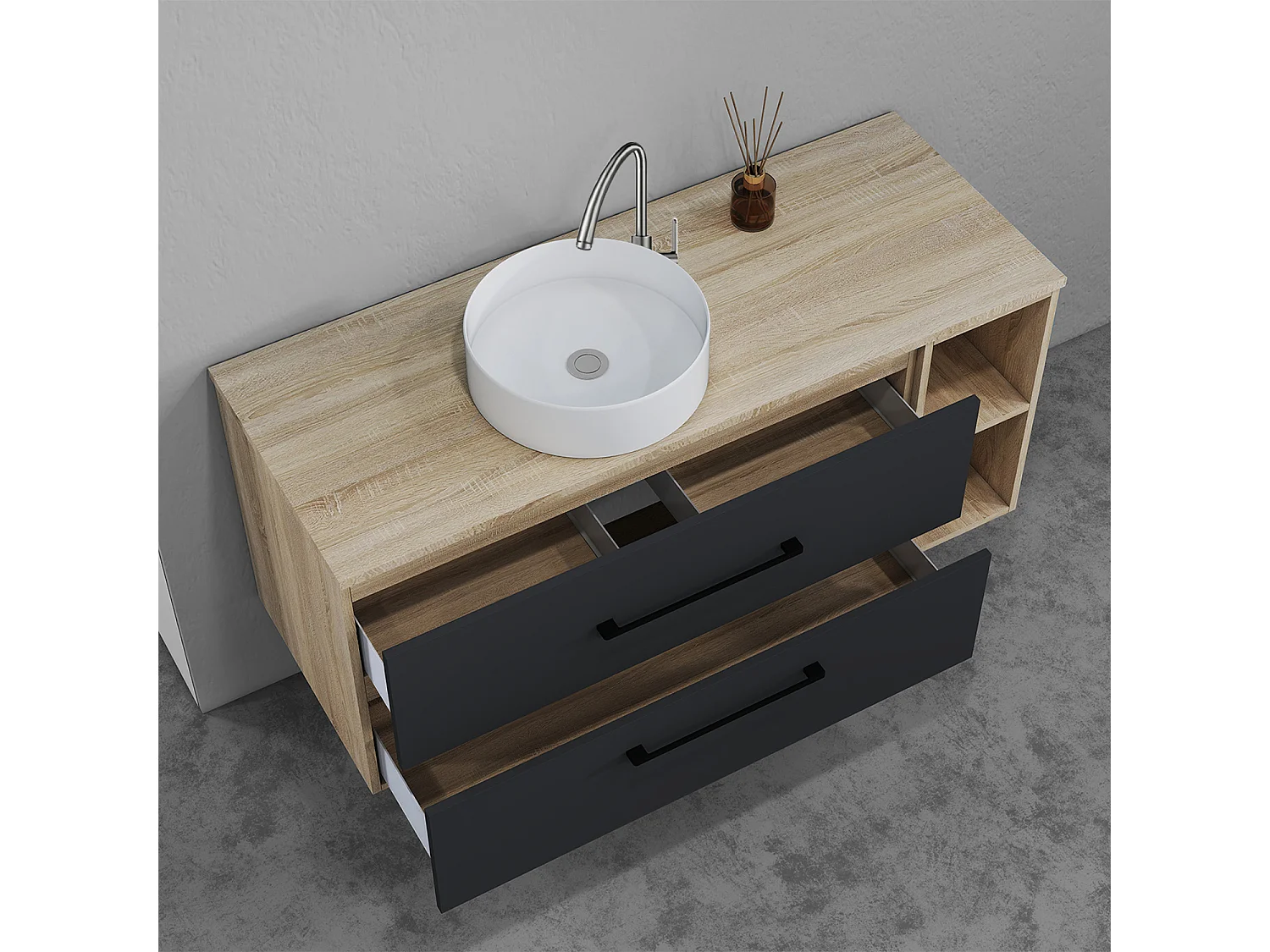 AICA Ensemble meuble de Salle de Bain Suspendu 120cm avec vasque à poser + 2*Colonne + Armoire salle de bain avec miroir, Anthracite + Chêne