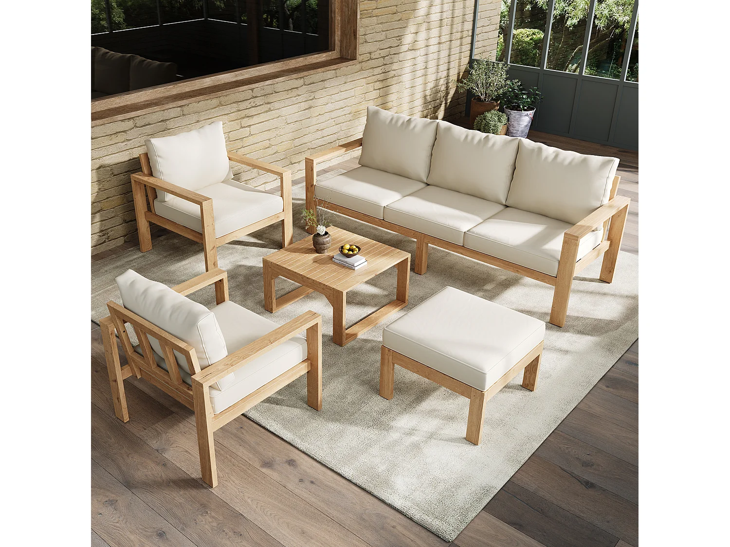 Tuinmeubelset, 3-zits bank, 2 stoelen, salontafel + een voetenbankje, voor 5-6 personen, frame en blad van acacia, Natuur + Crème