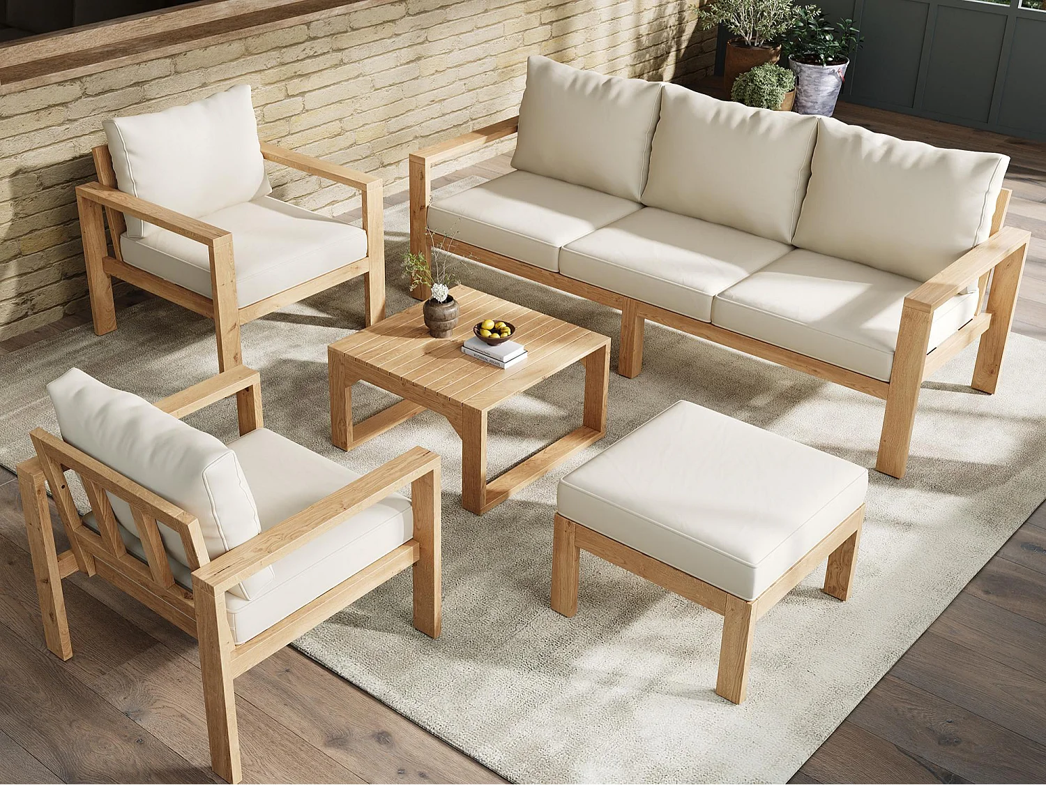 Ensemble de mobilier de jardin, Canapé 3 places, 2 chaises, table basse + un repose-pieds, pour 5-6 places, structure et plateau en acacia, Naturel + Crème