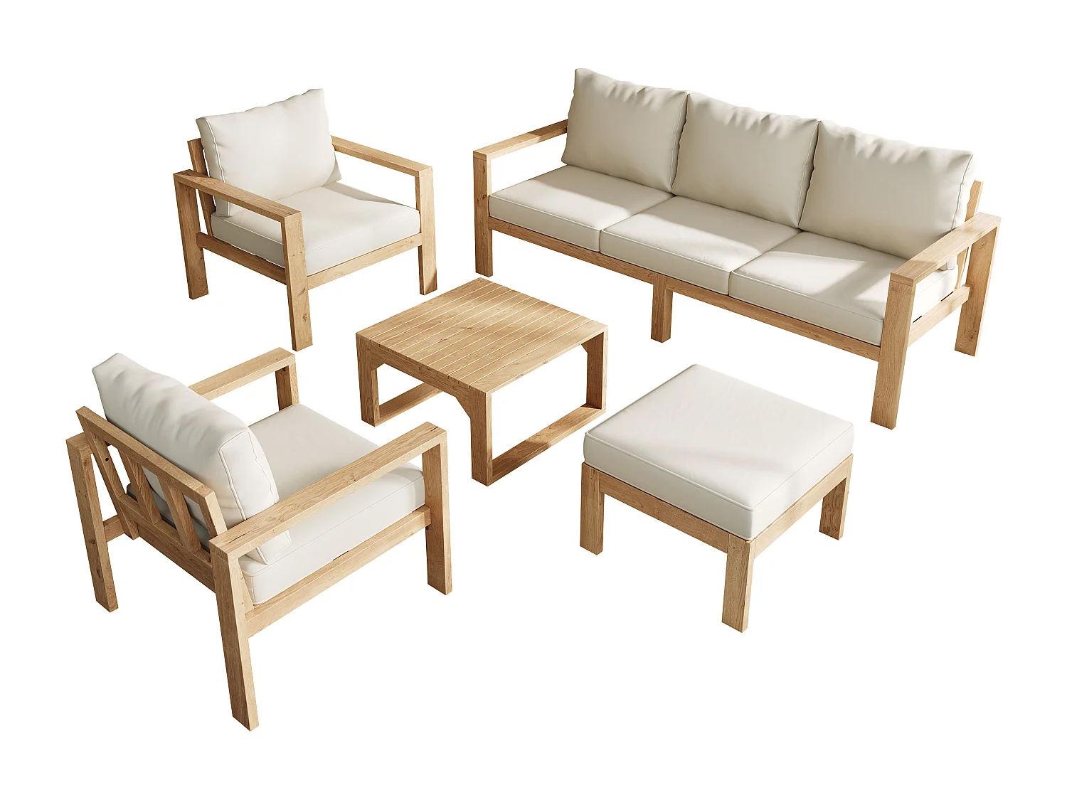 Ensemble de mobilier de jardin, Canapé 3 places, 2 chaises, table basse + un repose-pieds, pour 5-6 places, structure et plateau en acacia, Naturel + Crème