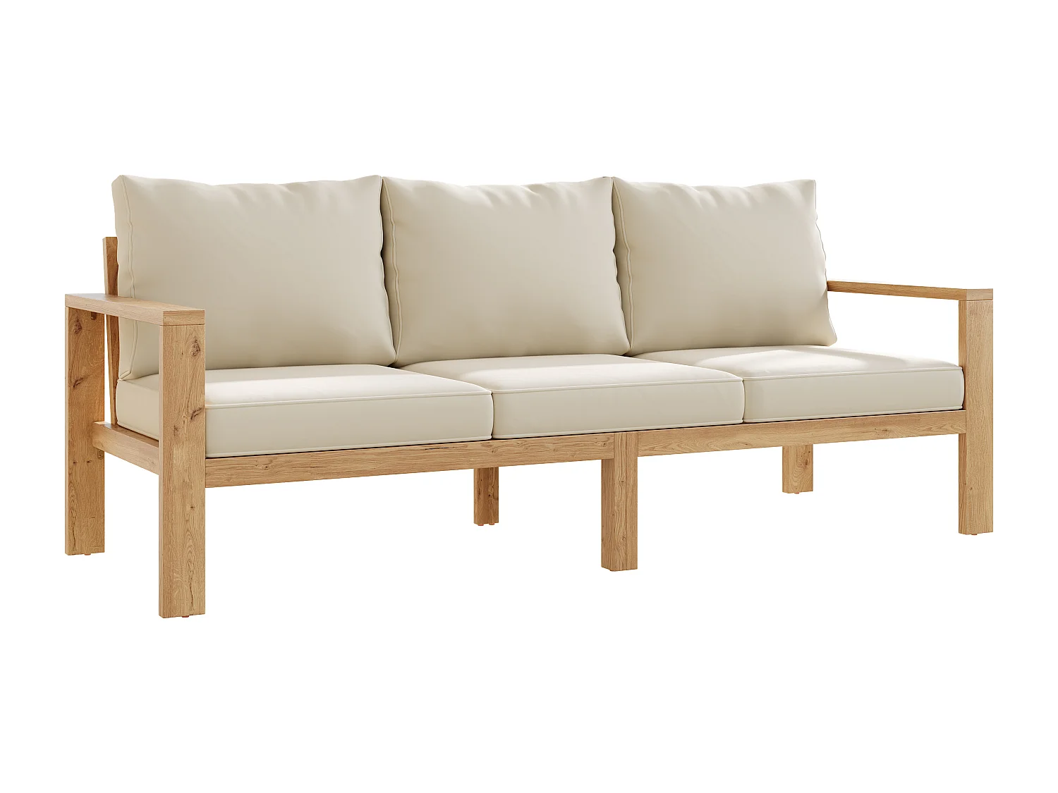 Ensemble de mobilier de jardin, Canapé 3 places, 2 chaises, table basse + un repose-pieds, pour 5-6 places, structure et plateau en acacia, Naturel + Crème