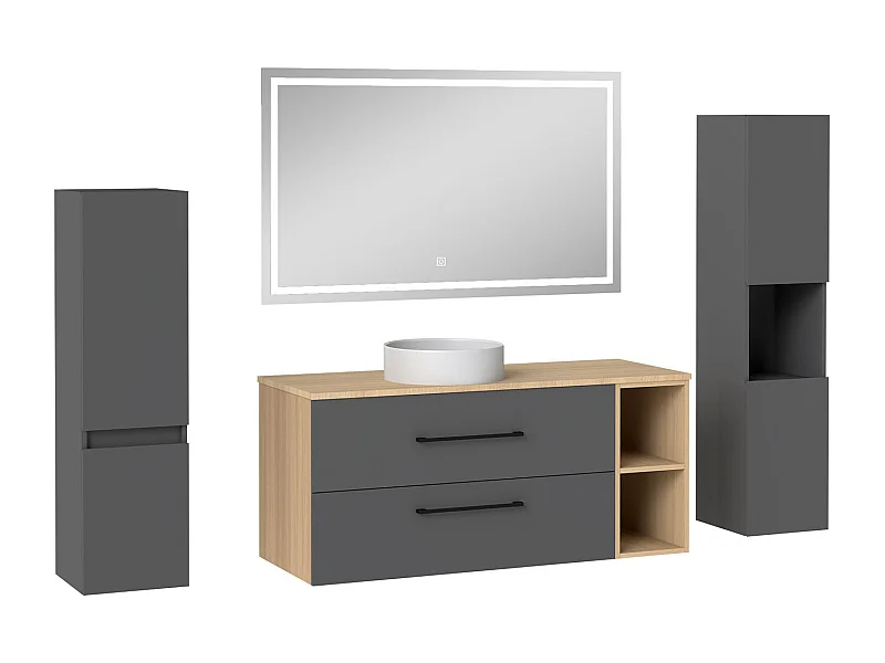 AICA Ensemble meuble de Salle de Bain Suspendu 120cm avec vasque à poser + 2*Colonne + Miroir LED Dimmable, Anthracite + Chêne