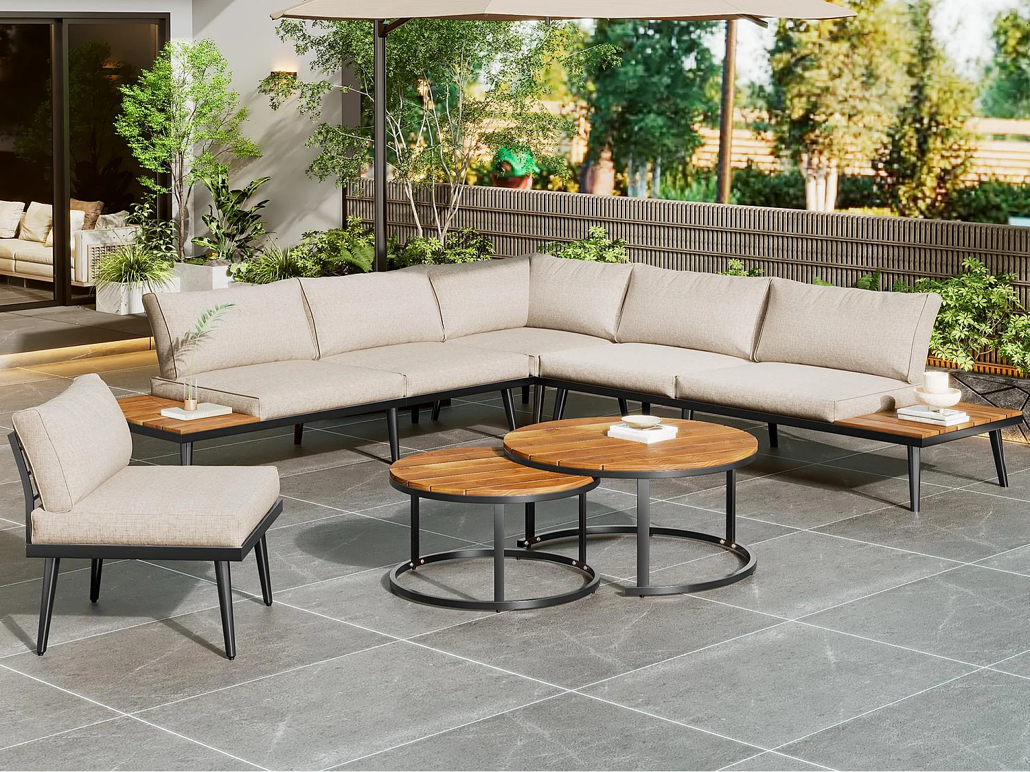 Salon de jardin modulable en fer galvanisé et bois d'acacia - 6 places - 2 tables gigognes - Beige