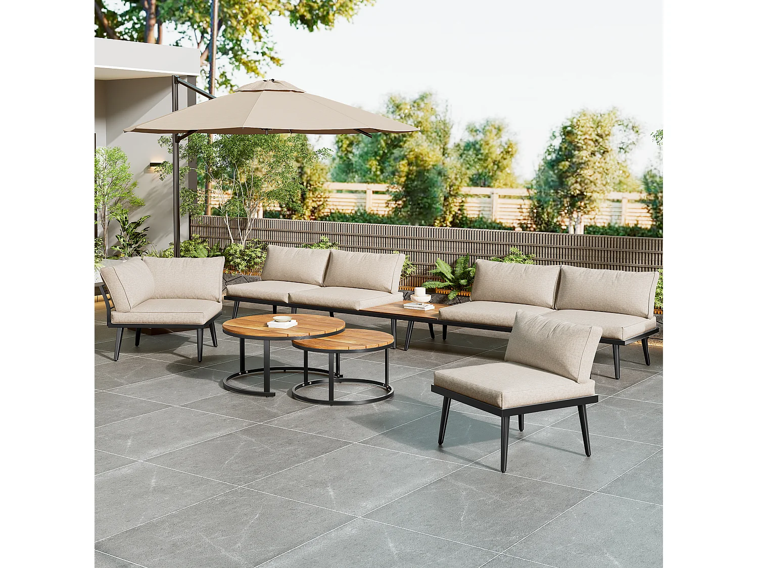 Salon de jardin modulable en fer galvanisé et bois d'acacia - 6 places - 2 tables gigognes - Beige