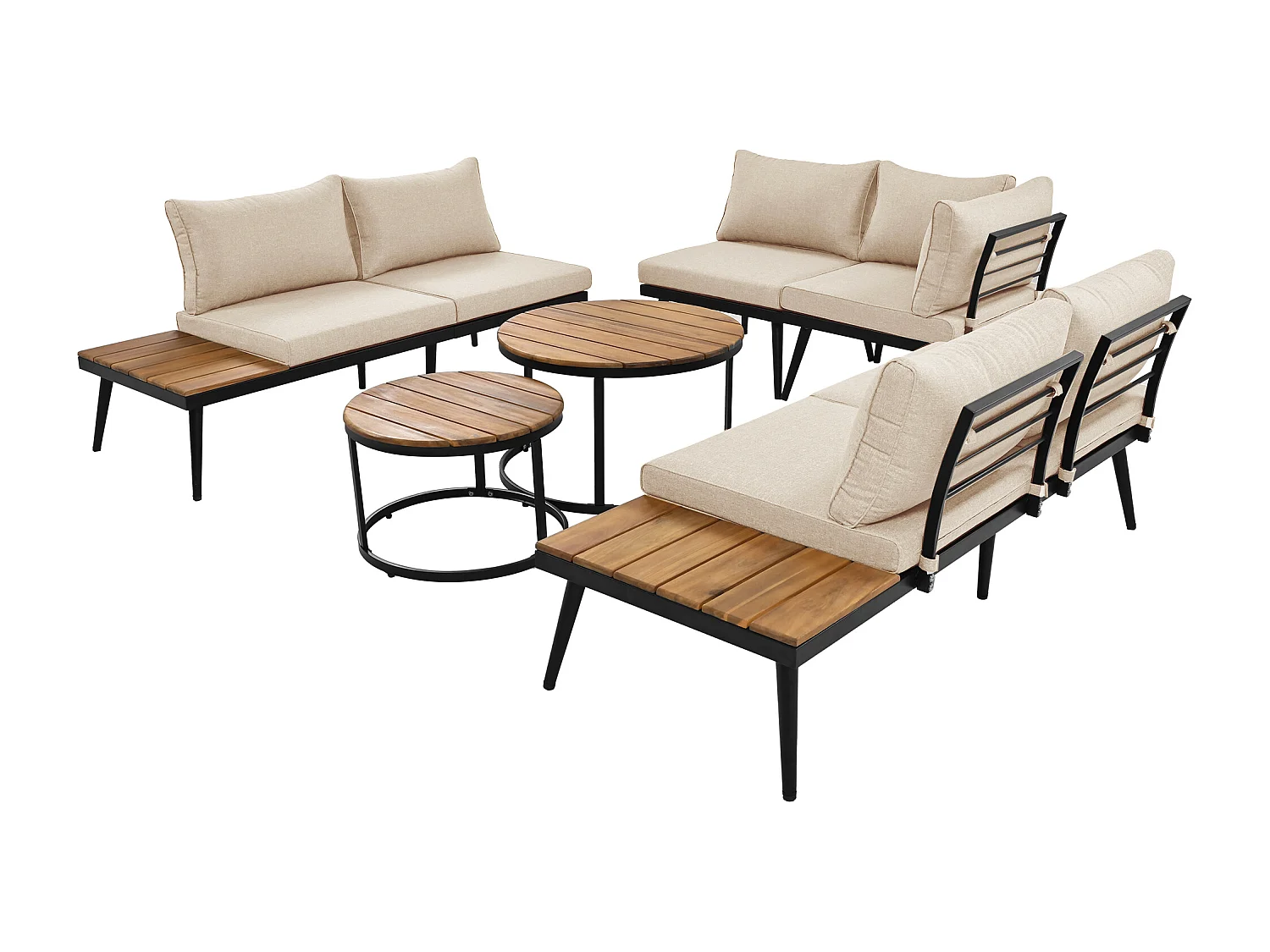 Salon de jardin modulable en fer galvanisé et bois d'acacia - 6 places - 2 tables gigognes - Beige