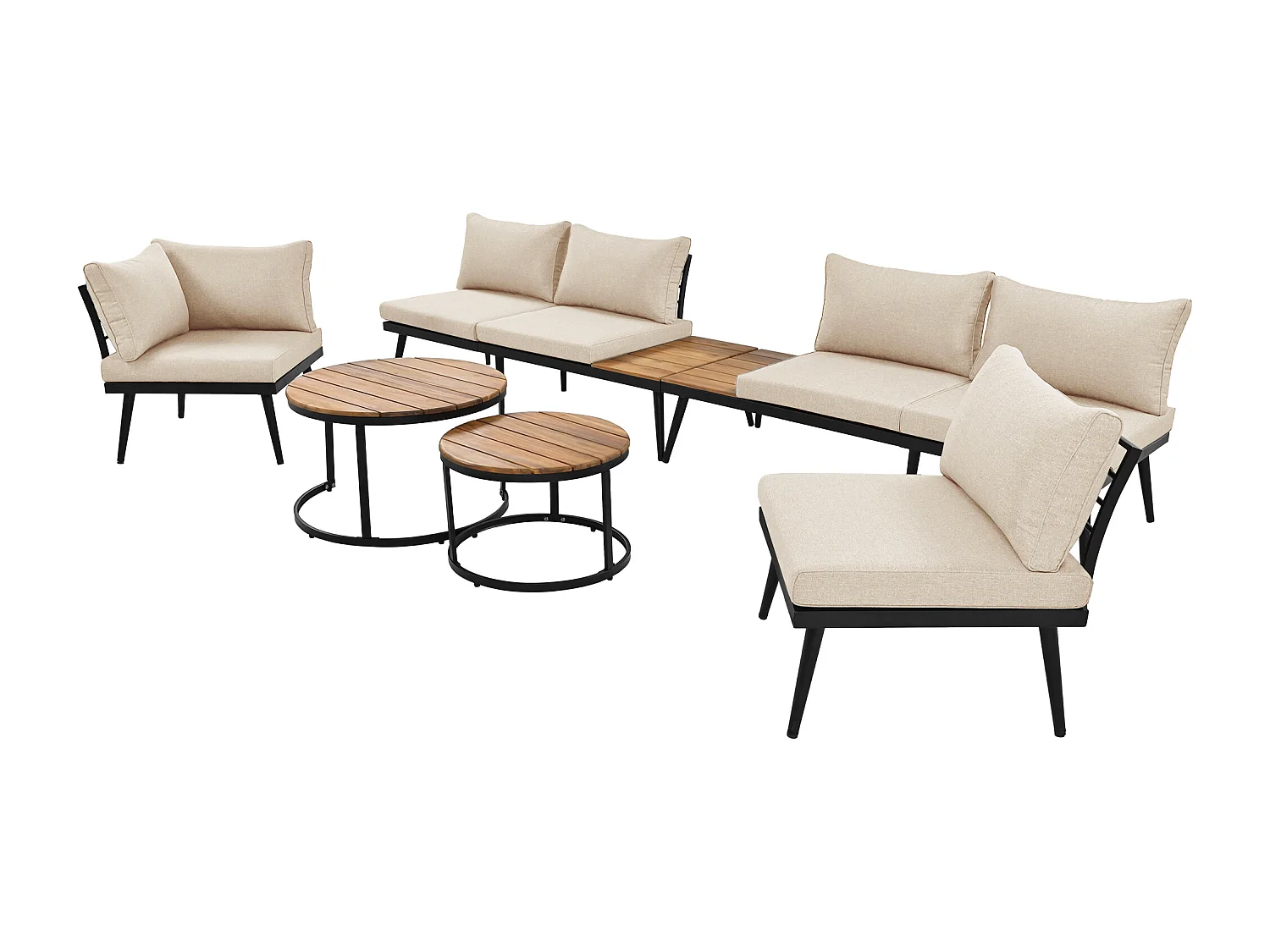 Salon de jardin modulable en fer galvanisé et bois d'acacia - 6 places - 2 tables gigognes - Beige