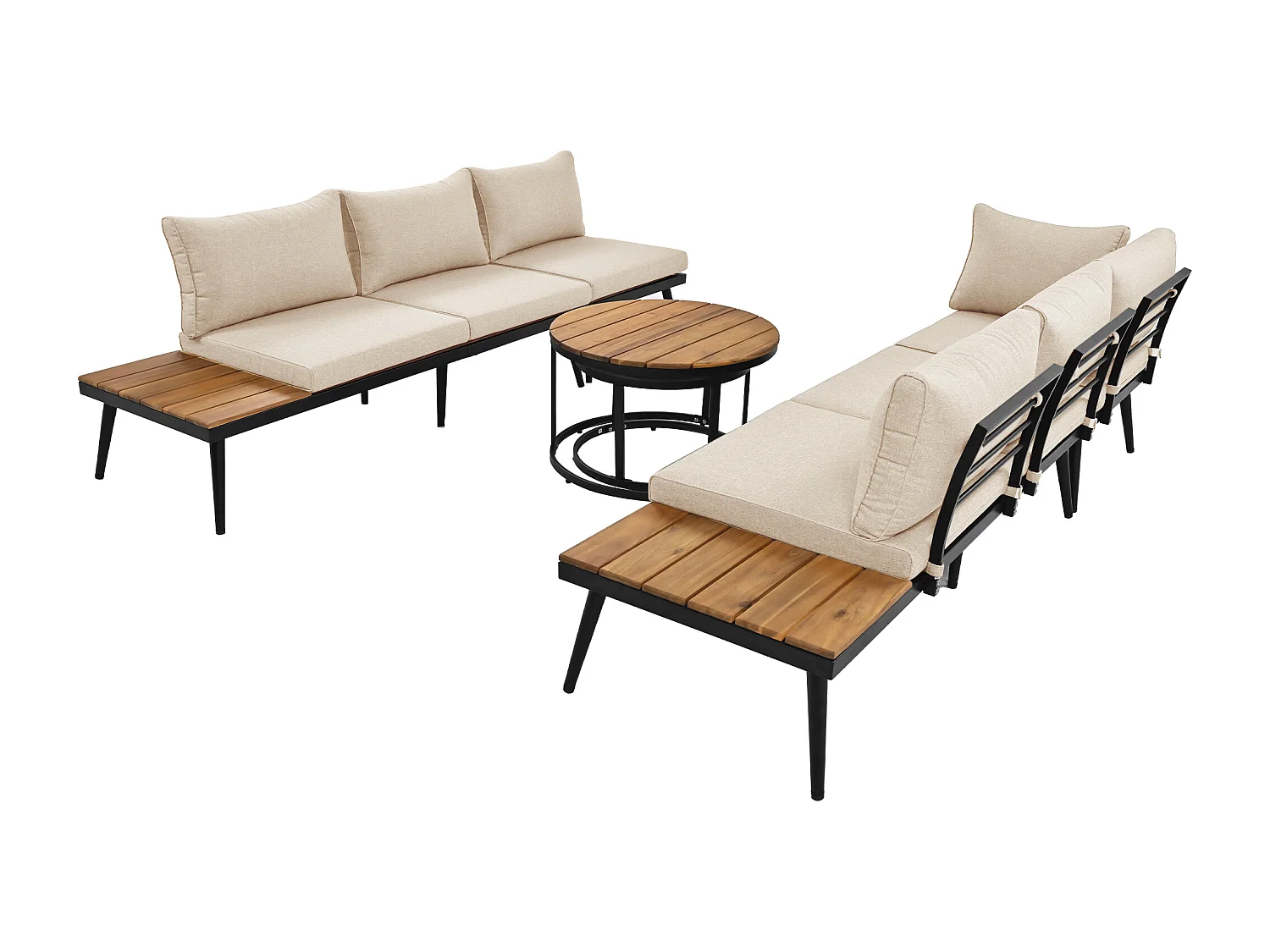 Salon de jardin modulable en fer galvanisé et bois d'acacia - 6 places - 2 tables gigognes - Beige