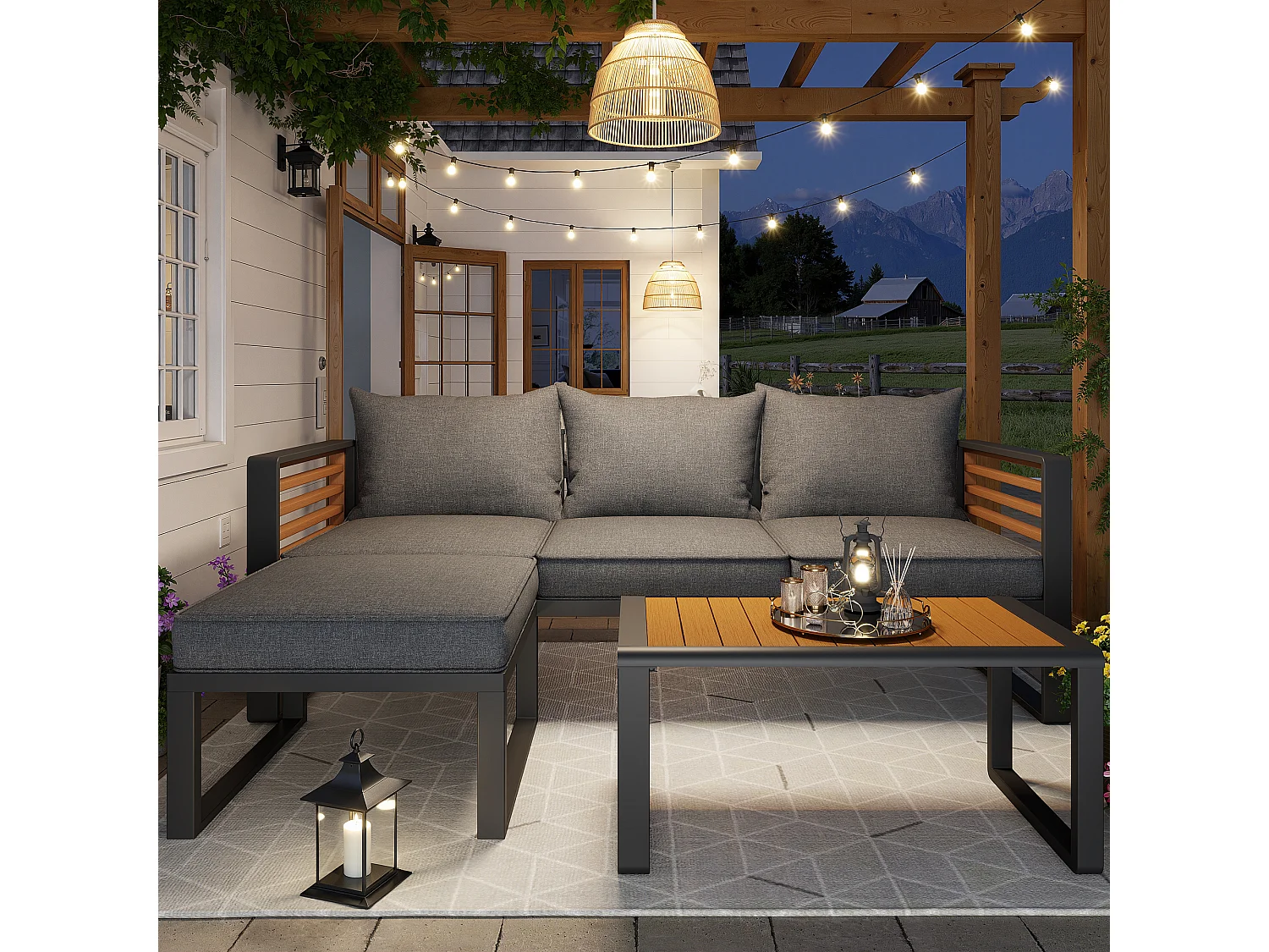 Garten-Salon, Möbelset aus Kunstholz für 4 Personen - 3-Personen-Sofa - aus verzinktem Eisen - Tische - 1 Hocker, Grau