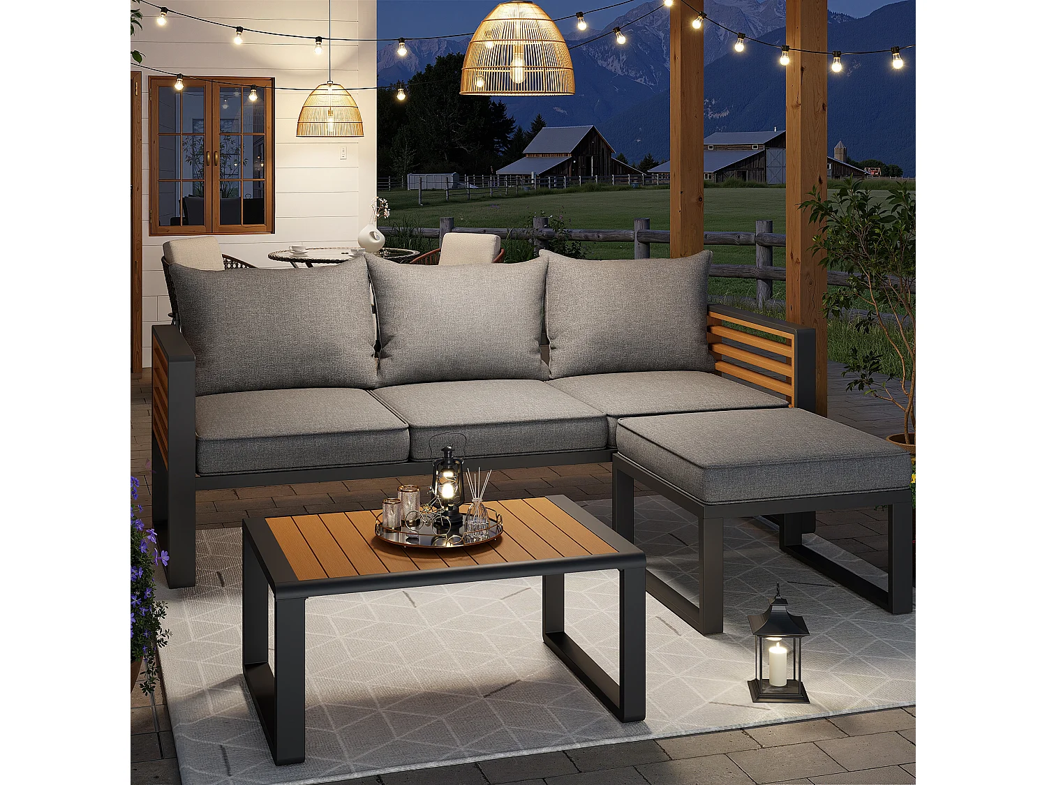 Garten-Salon, Möbelset aus Kunstholz für 4 Personen - 3-Personen-Sofa - aus verzinktem Eisen - Tische - 1 Hocker, Grau