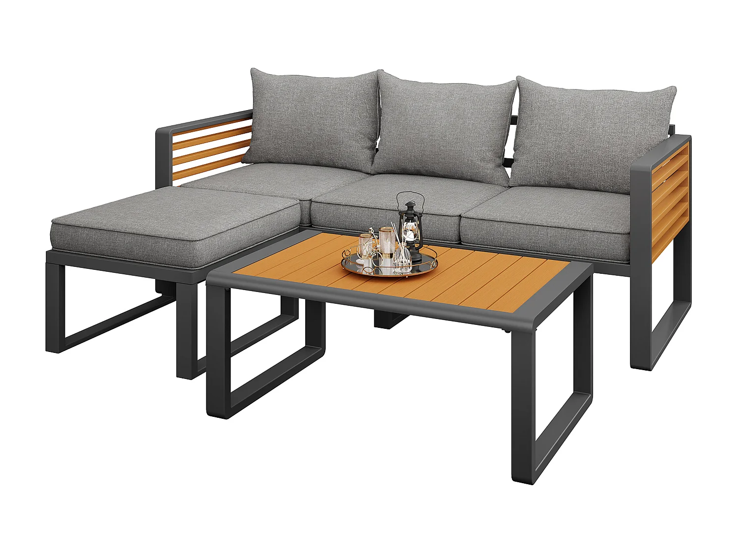 Garten-Salon, Möbelset aus Kunstholz für 4 Personen - 3-Personen-Sofa - aus verzinktem Eisen - Tische - 1 Hocker, Grau