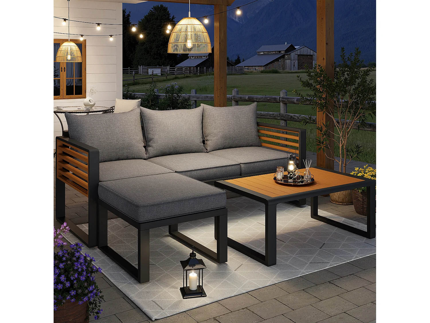 Garten-Salon, Möbelset aus Kunstholz für 4 Personen - 3-Personen-Sofa - aus verzinktem Eisen - Tische - 1 Hocker, Grau