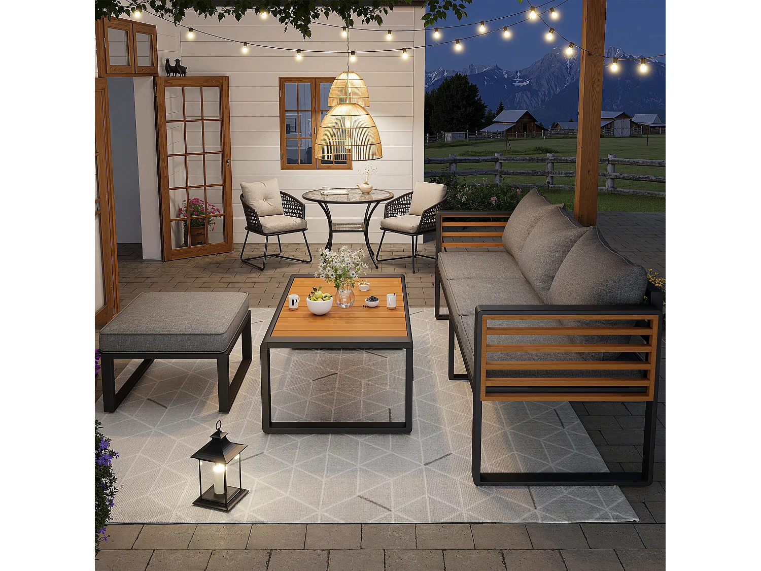 Garten-Salon, Möbelset aus Kunstholz für 4 Personen - 3-Personen-Sofa - aus verzinktem Eisen - Tische - 1 Hocker, Grau