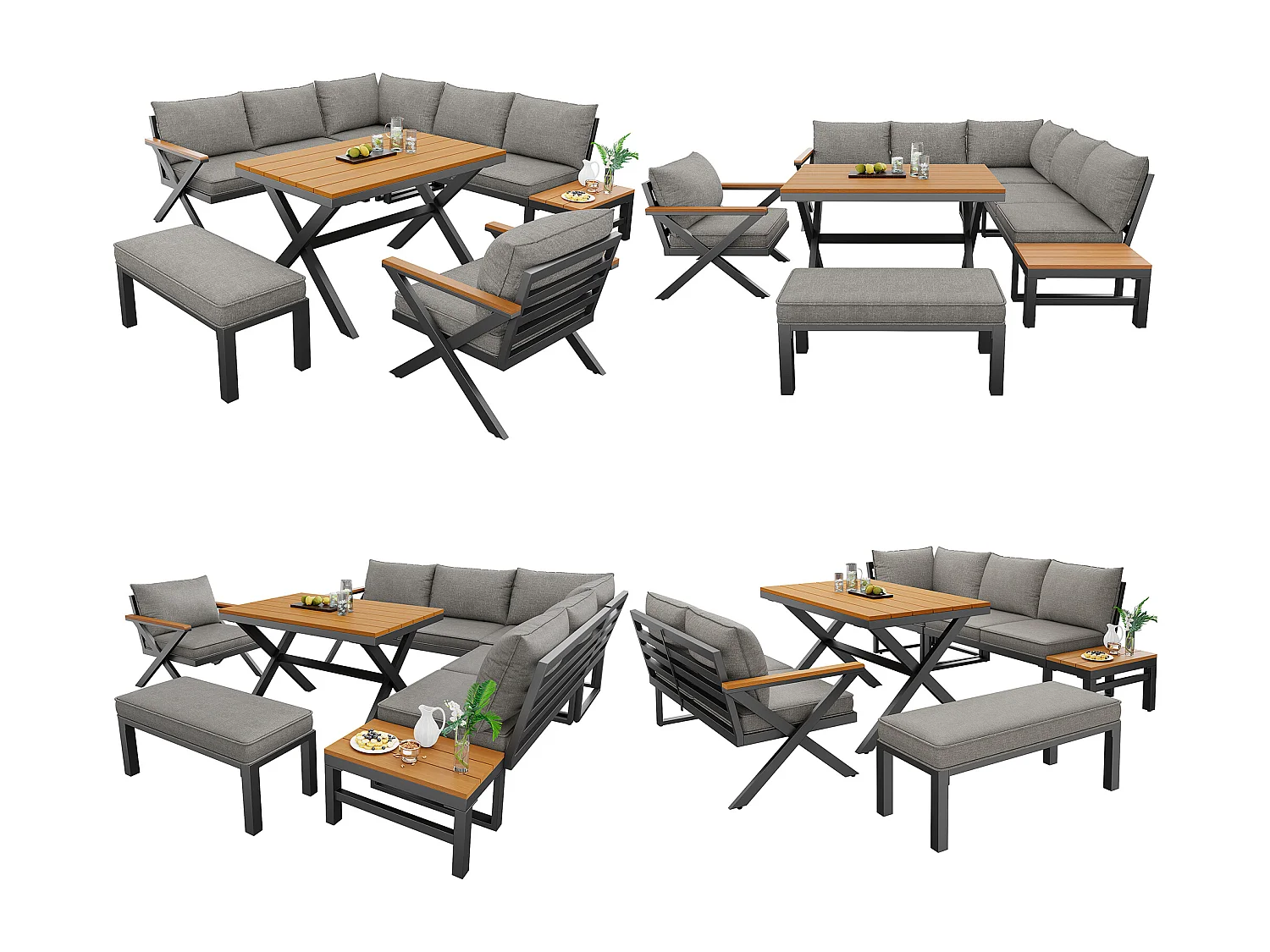 Salon de jardin, ensemble de meubles pour 6-7 personnes - canapé d'angle - en fer galvanisé - tables manger en bois-plastique- fauteuils - banc, Gris