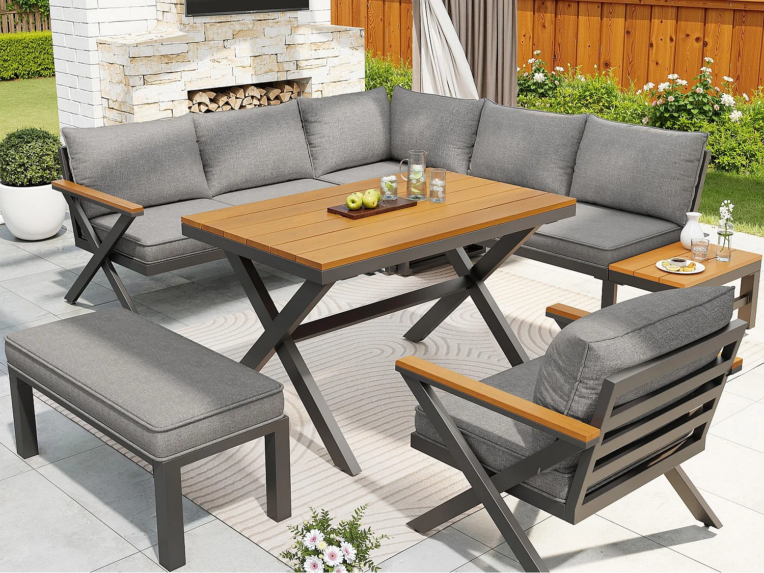 Salon de jardin, ensemble de meubles pour 6-7 personnes - canapé d'angle - en fer galvanisé - tables manger en bois-plastique- fauteuils - banc, Gris