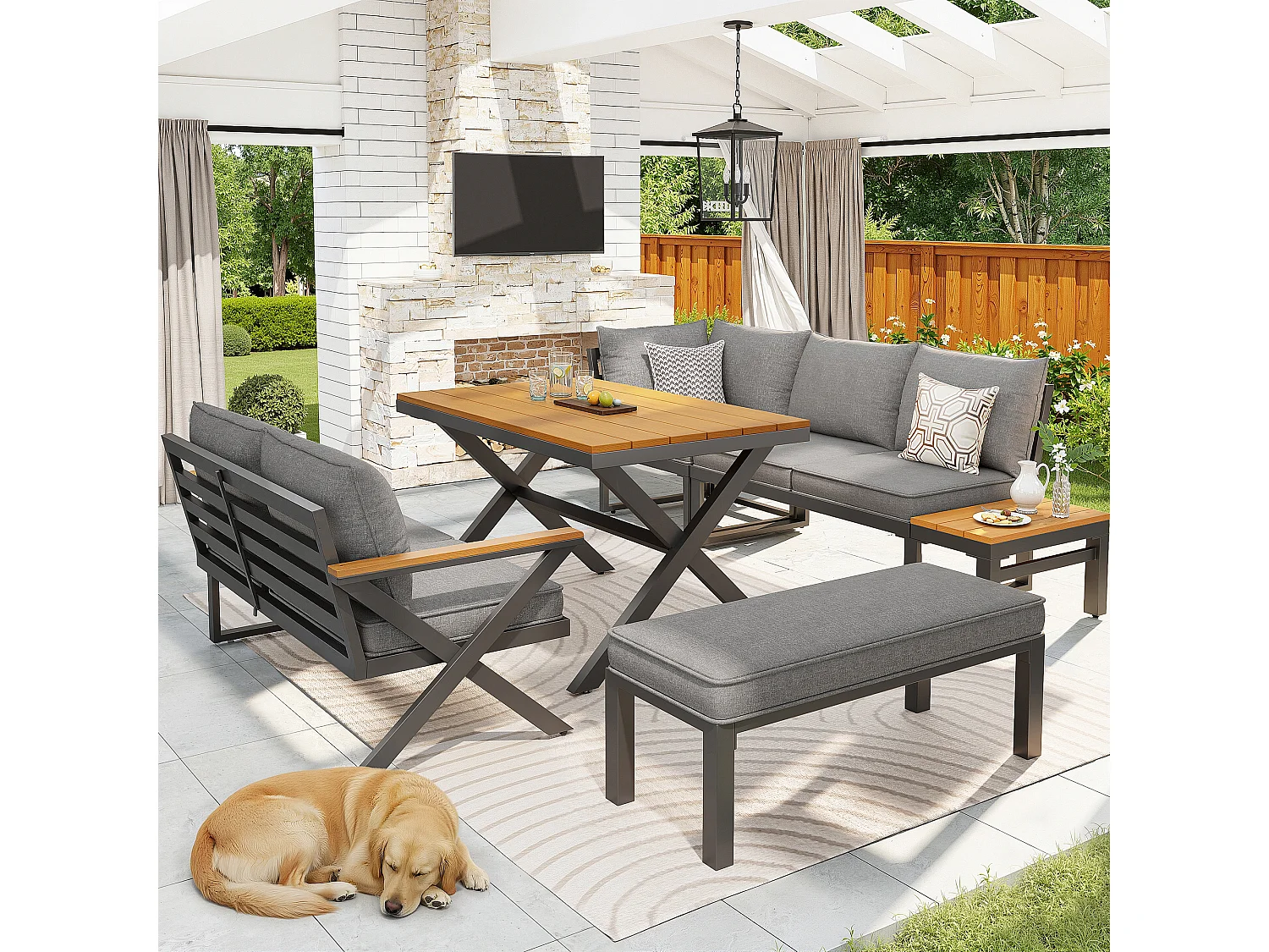 Salon de jardin, ensemble de meubles pour 6-7 personnes - canapé d'angle - en fer galvanisé - tables manger en bois-plastique- fauteuils - banc, Gris