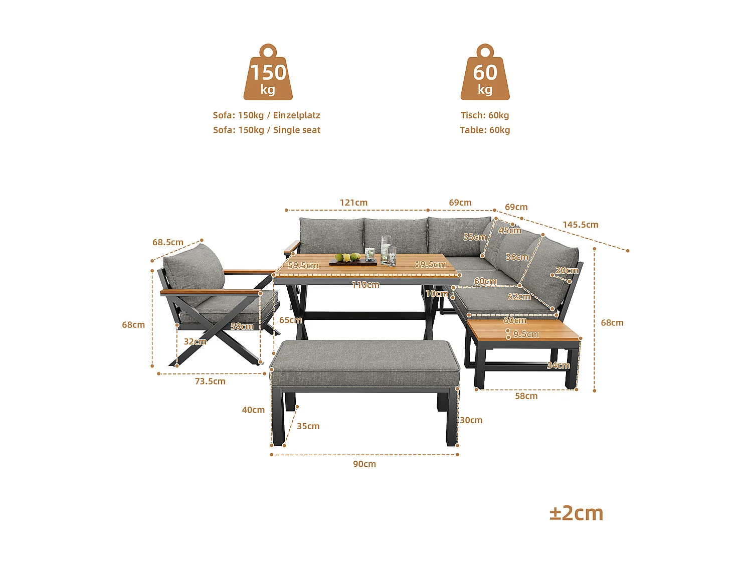 Salon de jardin, ensemble de meubles pour 6-7 personnes - canapé d'angle - en fer galvanisé - tables manger en bois-plastique- fauteuils - banc, Gris
