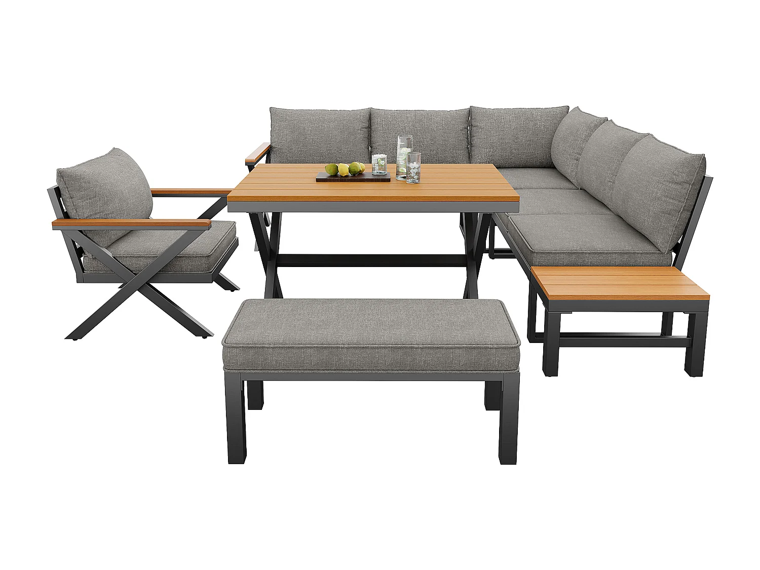 Salon de jardin, ensemble de meubles pour 6-7 personnes - canapé d'angle - en fer galvanisé - tables manger en bois-plastique- fauteuils - banc, Gris