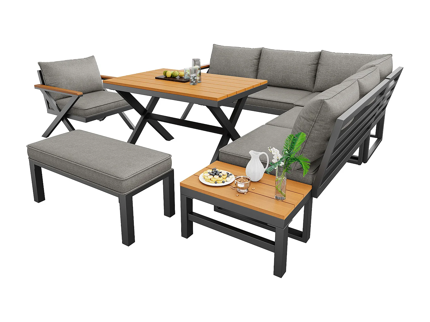 Salon de jardin, ensemble de meubles pour 6-7 personnes - canapé d'angle - en fer galvanisé - tables manger en bois-plastique- fauteuils - banc, Gris