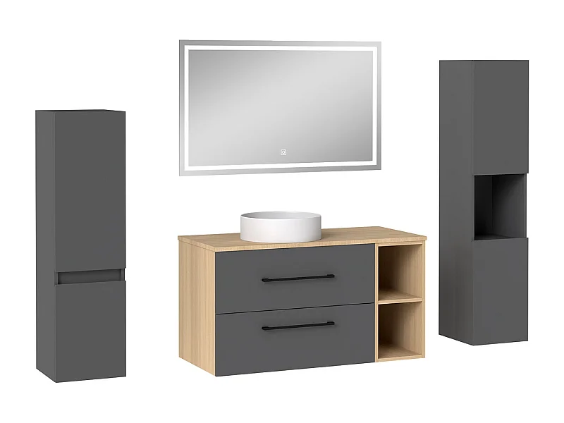 AICA Ensemble meuble de Salle de Bain Suspendu 100cm avec vasque à poser + 2*Colonne + Miroir LED Dimmable, Anthracite + Chêne