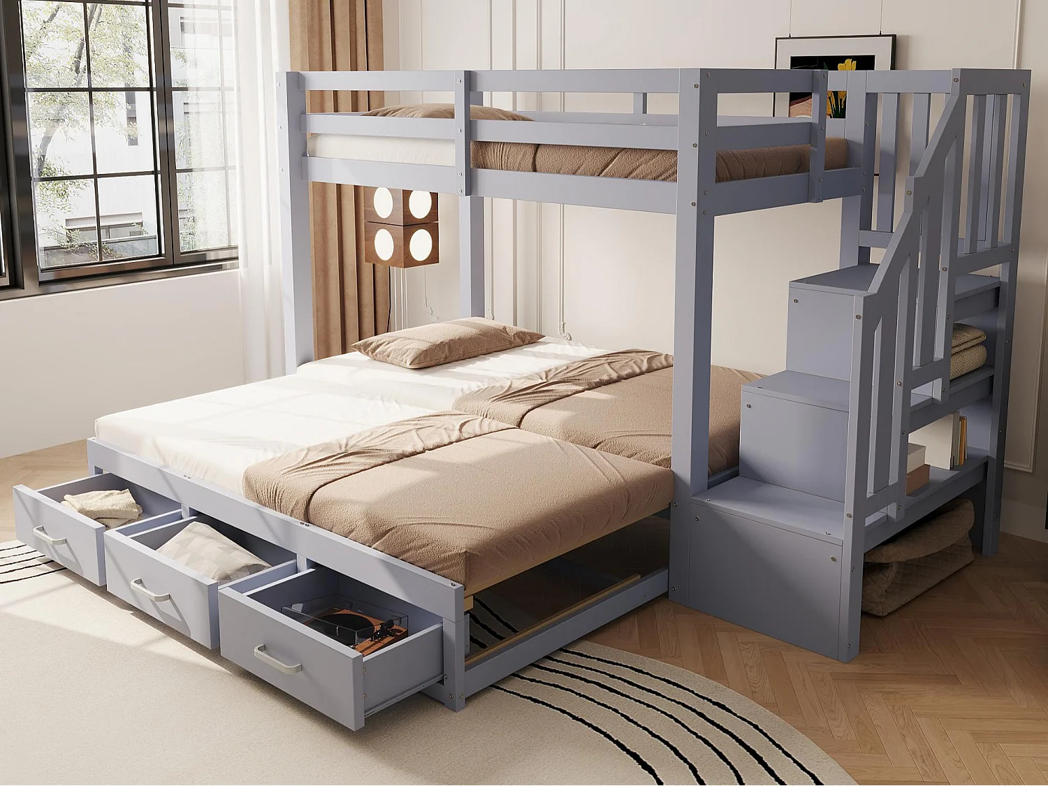 Etagenbett für Kinder 90 x 200 cm - mit Aufstiegsleiter mit Stauraum - mit 3 Schubladen - mit Gästebett - grau​ (Matratze nicht inbegriffen)