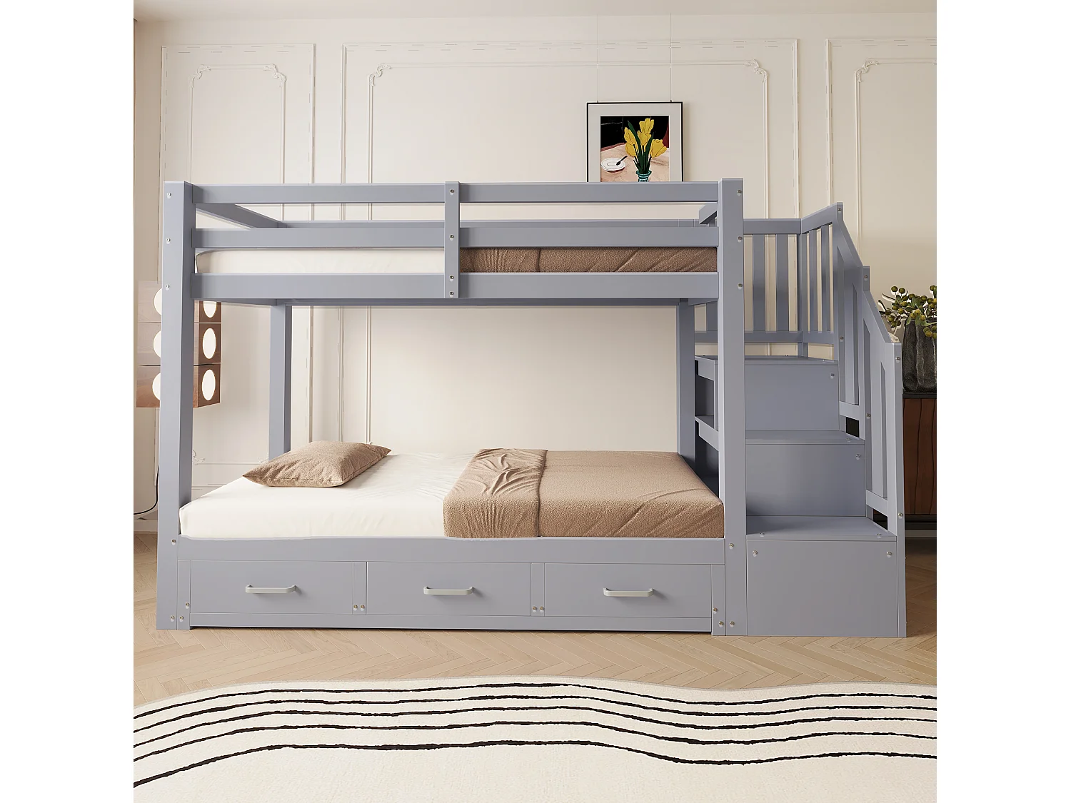 Etagenbett für Kinder 90 x 200 cm - mit Aufstiegsleiter mit Stauraum - mit 3 Schubladen - mit Gästebett - grau​ (Matratze nicht inbegriffen)